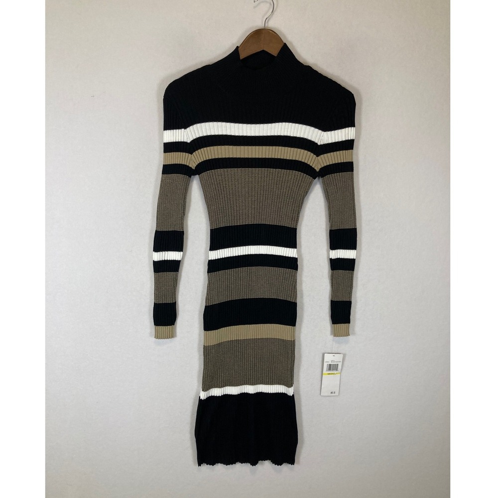 Modern Chic NWT Nina Leonard Women Med Black Tan Striped Ribbed Mock Neck Dress
